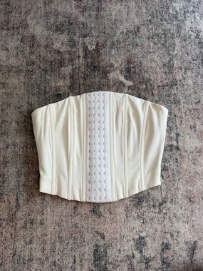 With Jean Strapless White Corset Top with Front Hook Closure